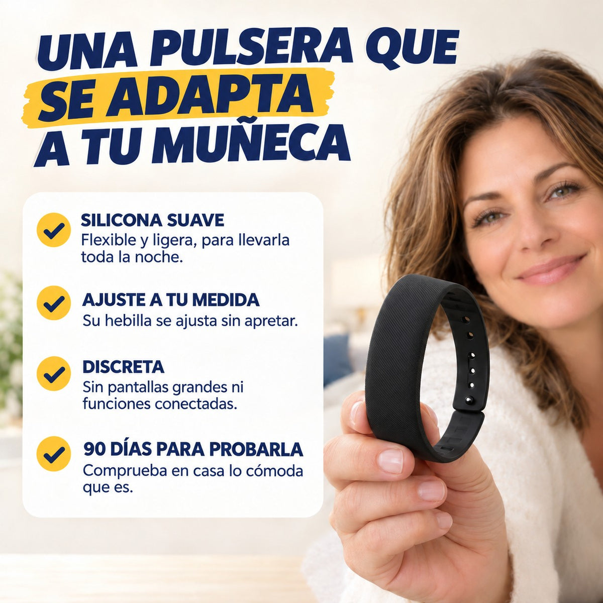 Una pulsera que se adapta a tu muñeca: silicona suave, ajuste, discreta, 90 días