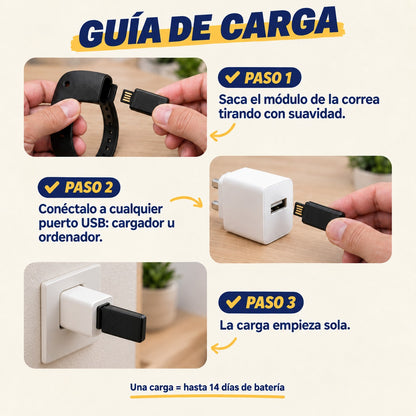 Guía de carga de la pulsera SoloAlarm en 3 pasos