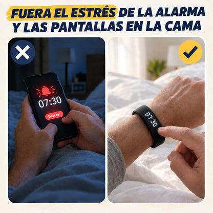 Alarma del móvil frente a la pulsera SoloAlarm en la cama