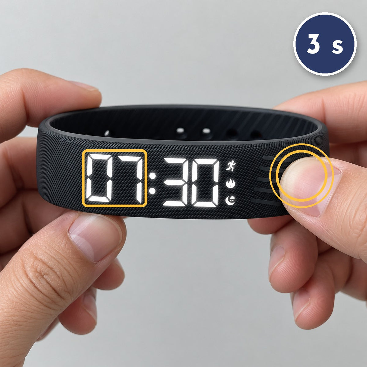 Hold the button 3 seconds: the hour blinks