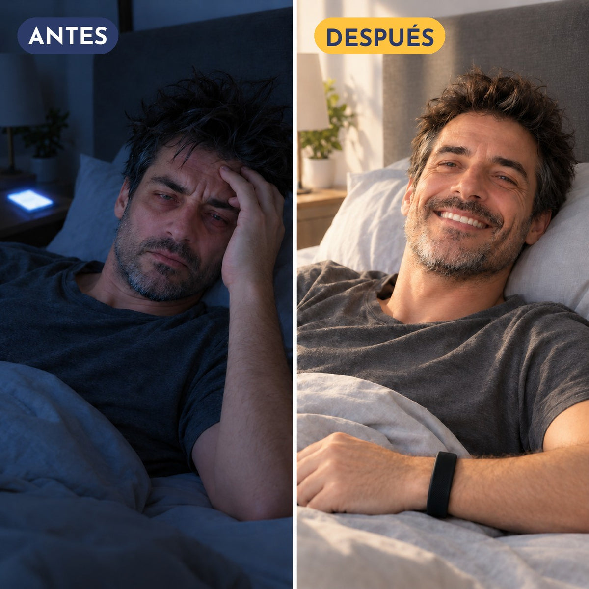 Before and after waking up with the SoloAlarm wristband