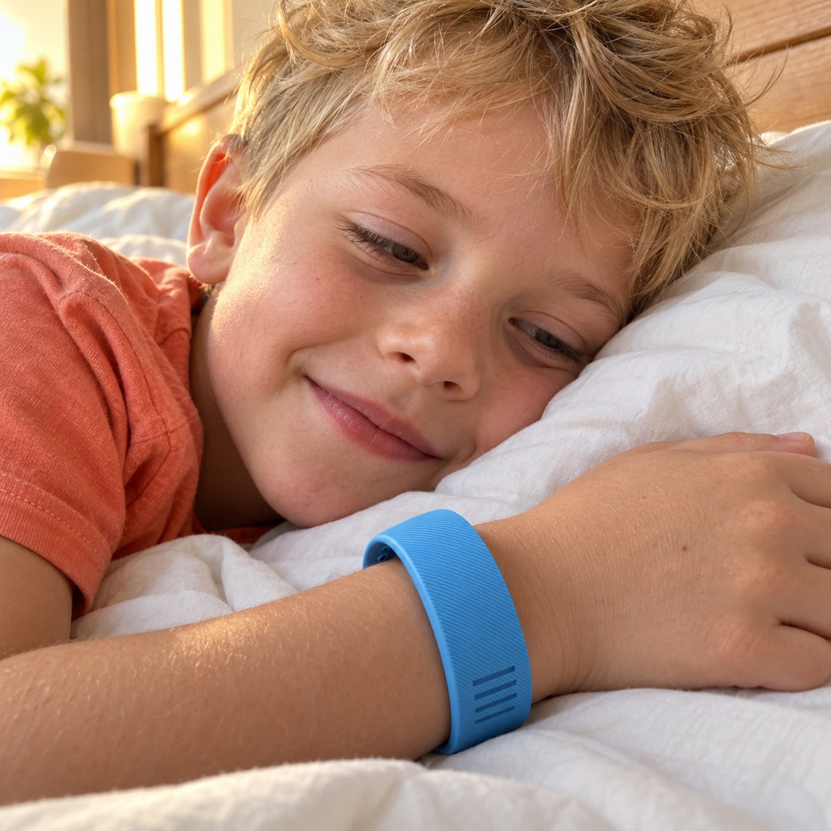 A boy waking up on his own with his blue SoloAlarm wristband