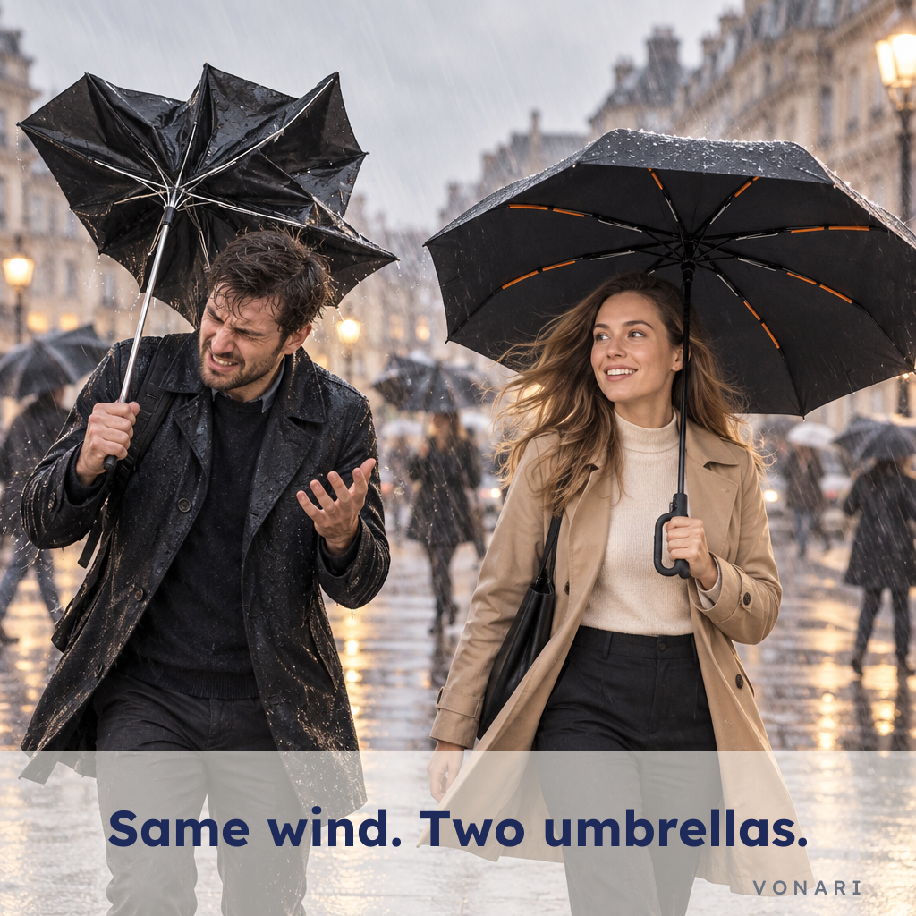 Same wind, two umbrellas: a cheap umbrella flipped inside out next to the intact Vonari StormHook