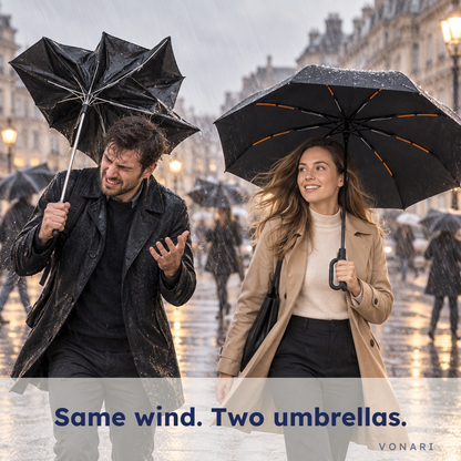 Same wind, two umbrellas: a cheap umbrella flipped inside out next to the intact Vonari StormHook