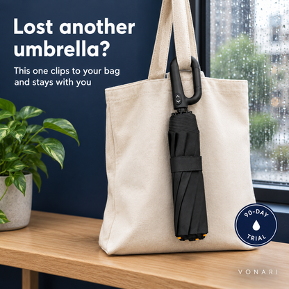Vonari StormHook umbrella clipped to a tote bag, lost another umbrella? 90-day trial