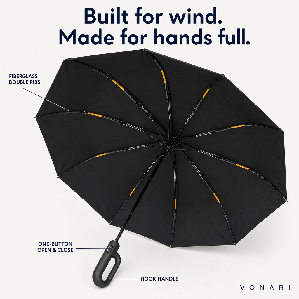 Vonari StormHook: fiberglass double ribs, one-button open and close, hook handle