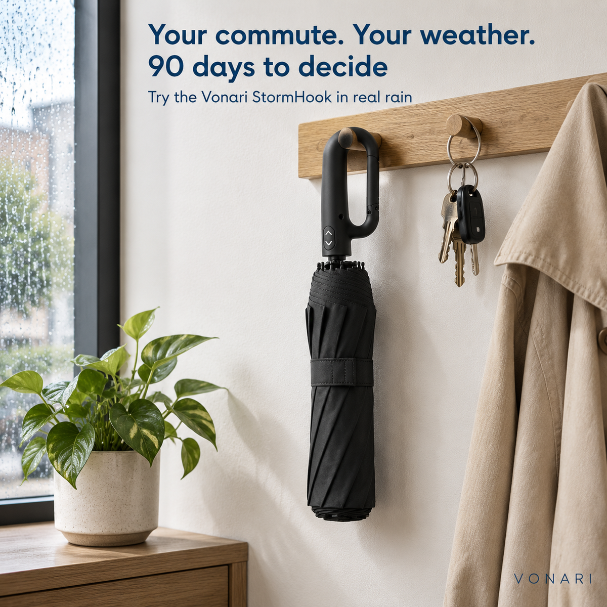 Vonari StormHook hanging in an entryway, 90 days to decide