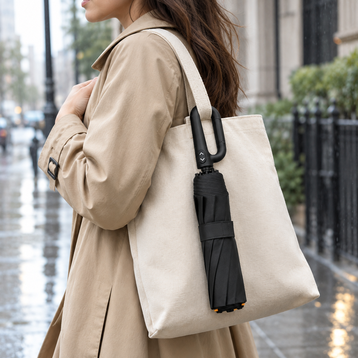 StormHook umbrella clipped to a bag